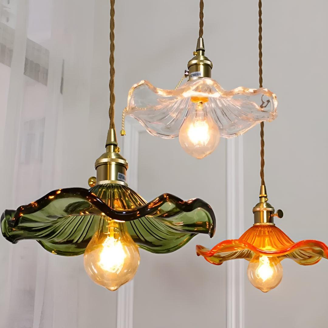 Floral Pendant Lighting Fixture With Flower Glass Shade Design
