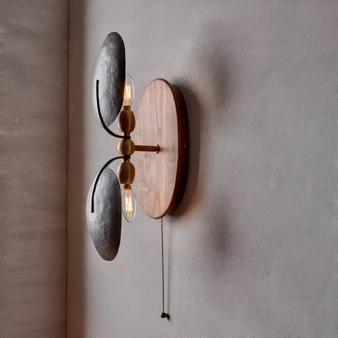 Metal and Walnut Wall Sconce Lighting With Pull Chain Switch