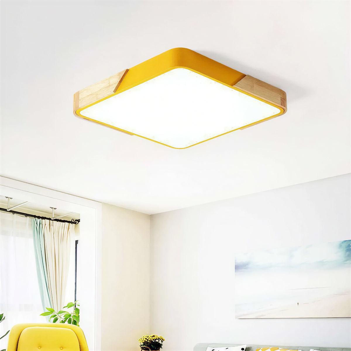 Modern Square Flush Mount Ceiling Light with Wooden Trim