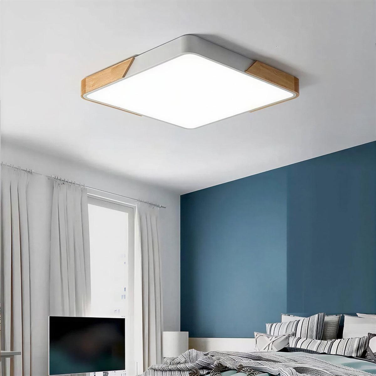 Modern Square Flush Mount Ceiling Light with Wooden Trim