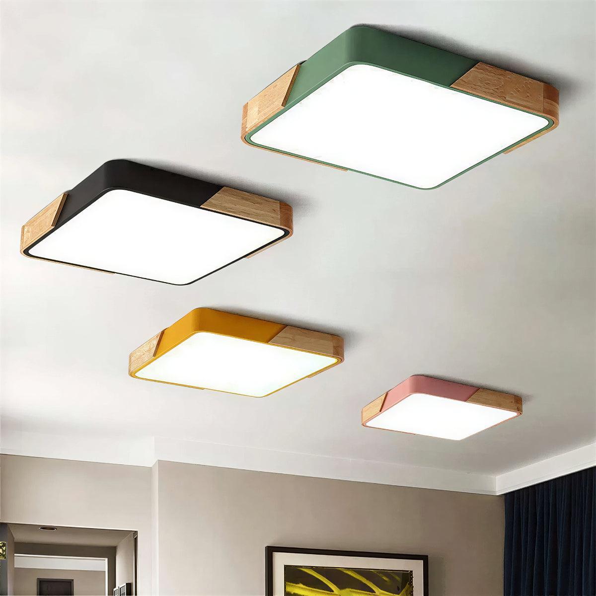 Modern Square Flush Mount Ceiling Light with Wooden Trim
