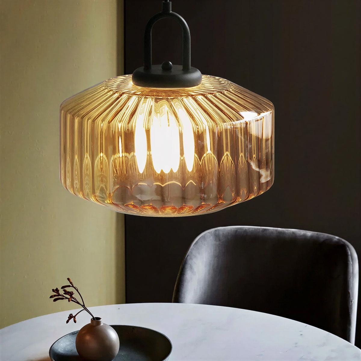 Vintage Pendant Light with Retro Striped Glass Shade