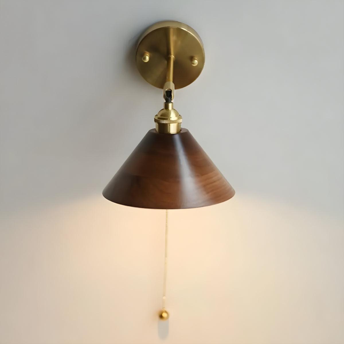 Vintage Wooden Shade Wall Sconce Light Fixture With Switch Chain