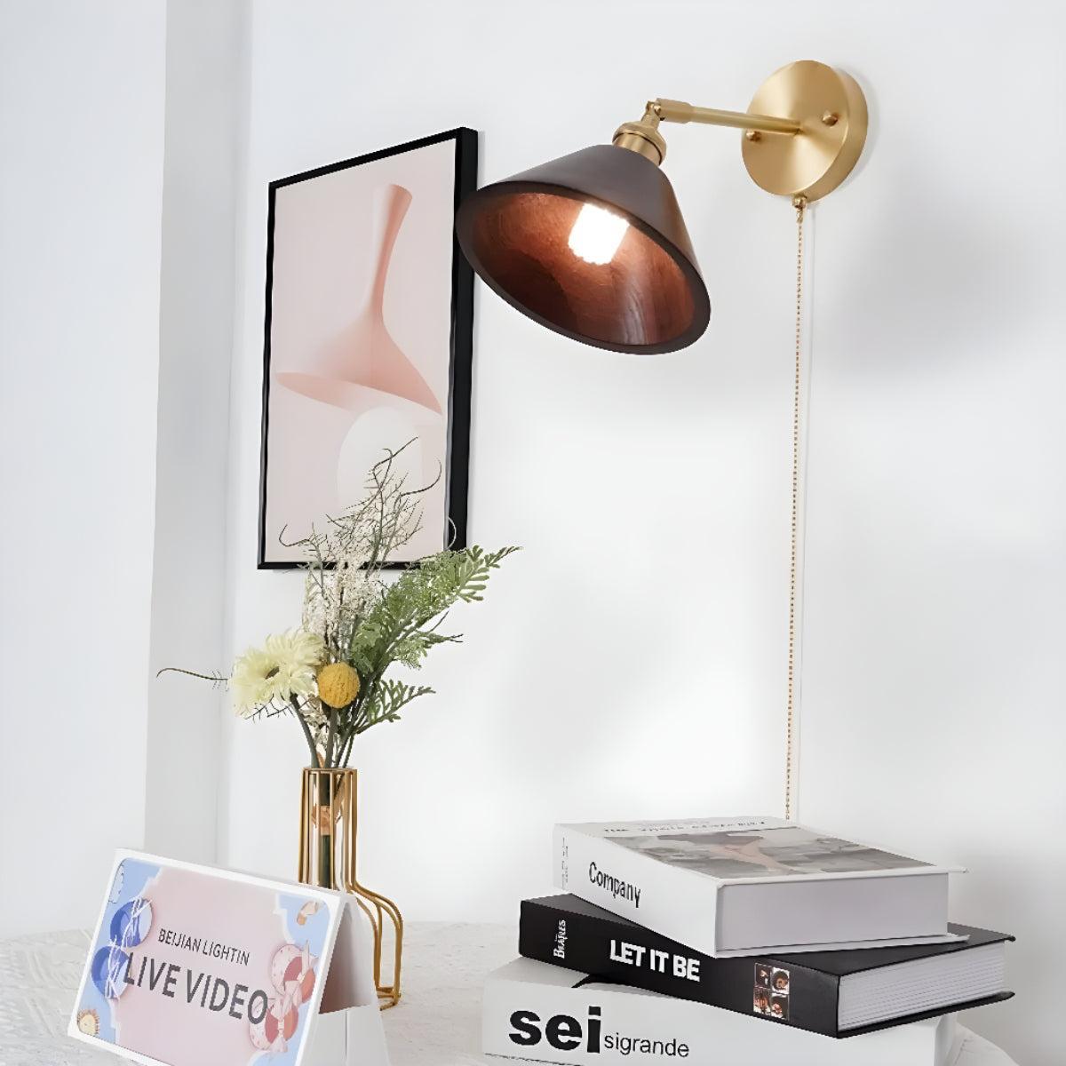 Vintage Wooden Shade Wall Sconce Light Fixture With Switch Chain