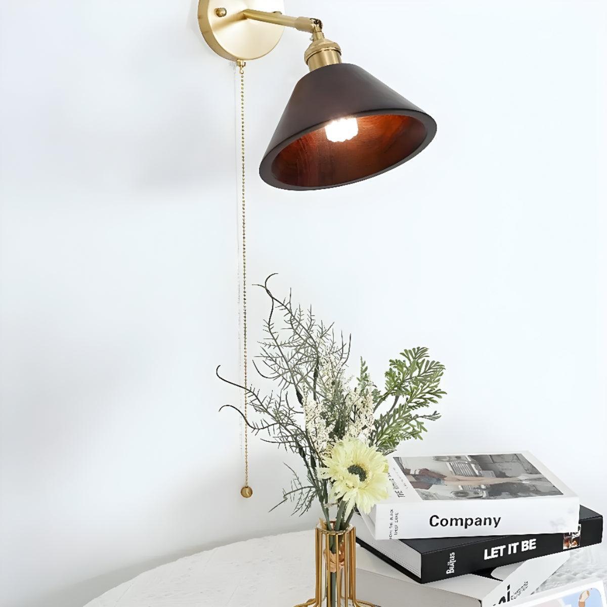 Vintage Wooden Shade Wall Sconce Light Fixture With Switch Chain