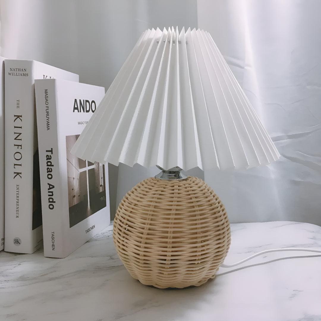 Woven Rattan Small Table Lamp With Pleated Shade