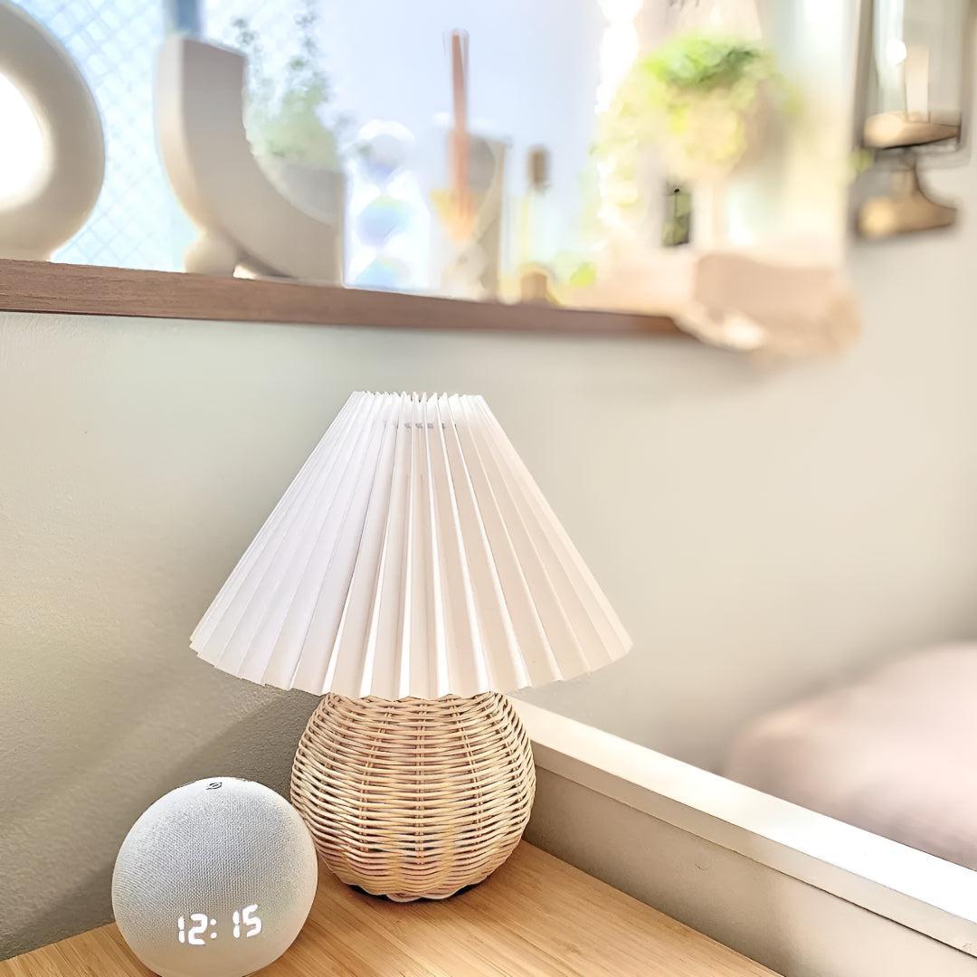 Woven Rattan Small Table Lamp With Pleated Shade