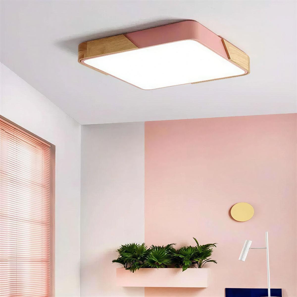Modern Square Flush Mount Ceiling Light with Wooden Trim