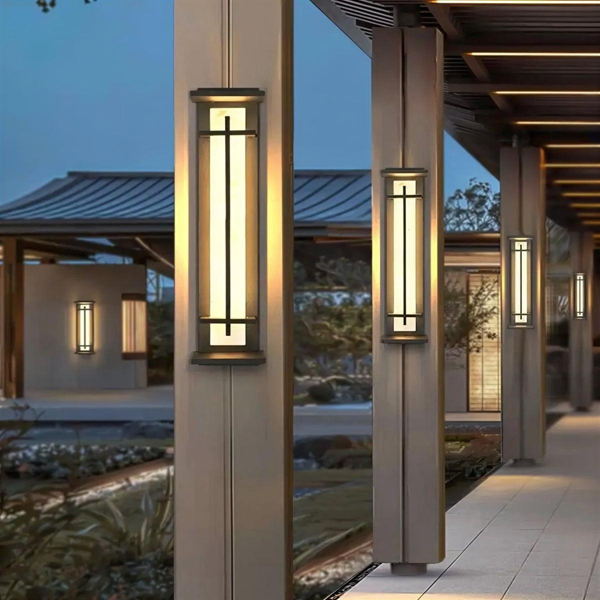 Outdoor Alabaster Wall Light With Vertical Cage Design