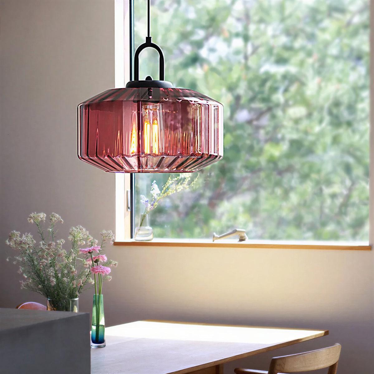 Vintage Pendant Light with Retro Striped Glass Shade