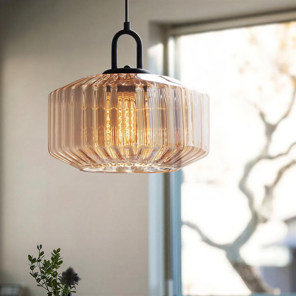 Vintage Pendant Light with Retro Striped Glass Shade